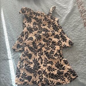 Leaf Print Tan and Black Romper
